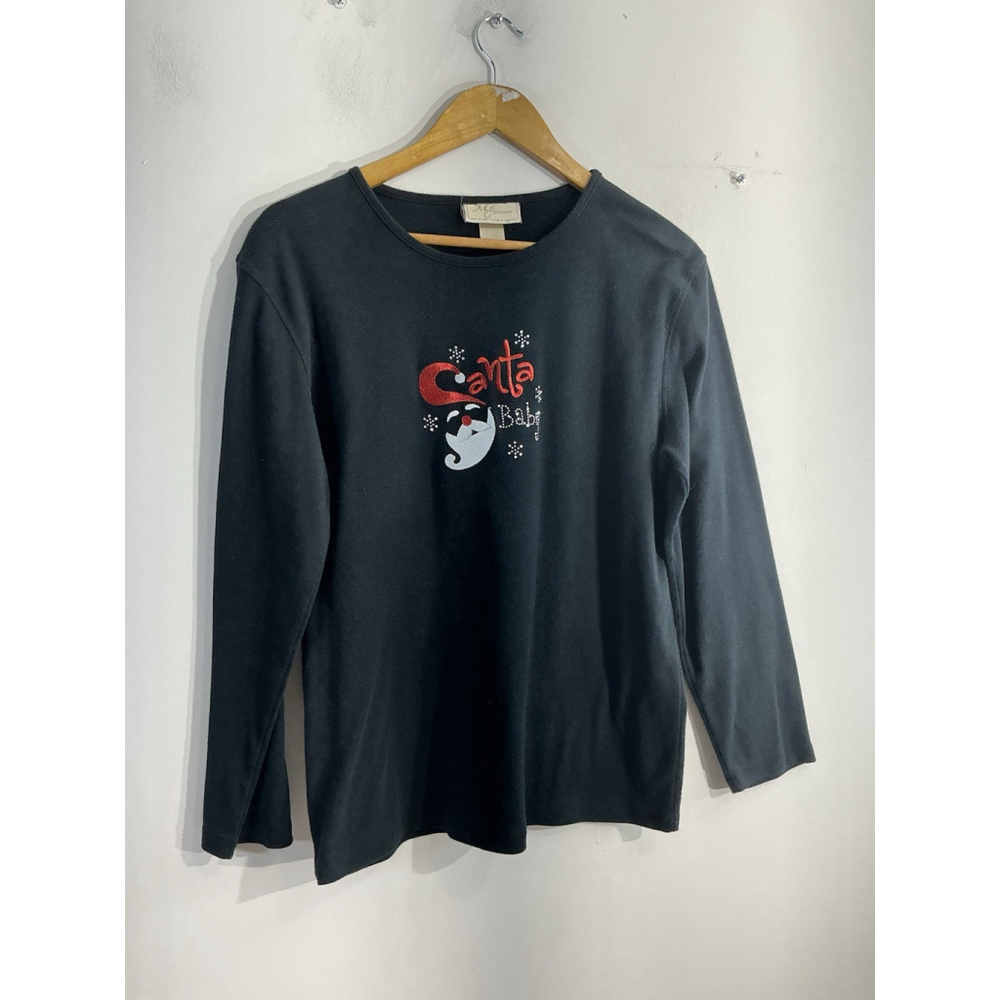 Womans MC Sportswear Long Sleeve Christmas Theme Pullover T Shirt XL Black Crew